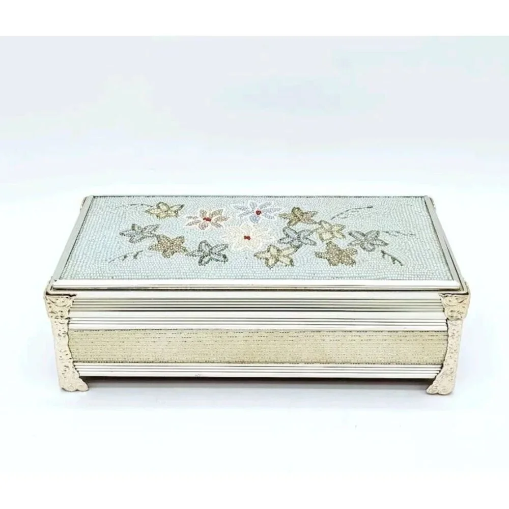 Vintage Schmid Bros Musical Jewelry Box Floral Beaded Blue Honey Tune Trinket